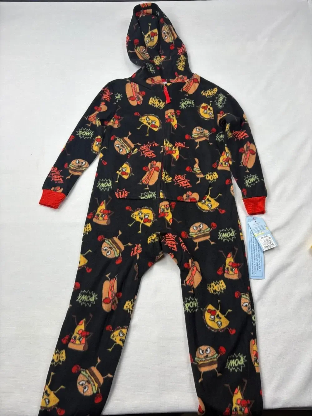Cat & Jack One Piece Pajamas Boys Kids 4/5 Black Pizza Hot Dog Fleece Hooded Zip